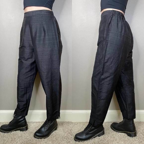 Vintage 100% raw silk pull-on easy pants balloon leg tapered trousers black M - Picture 14 of 17